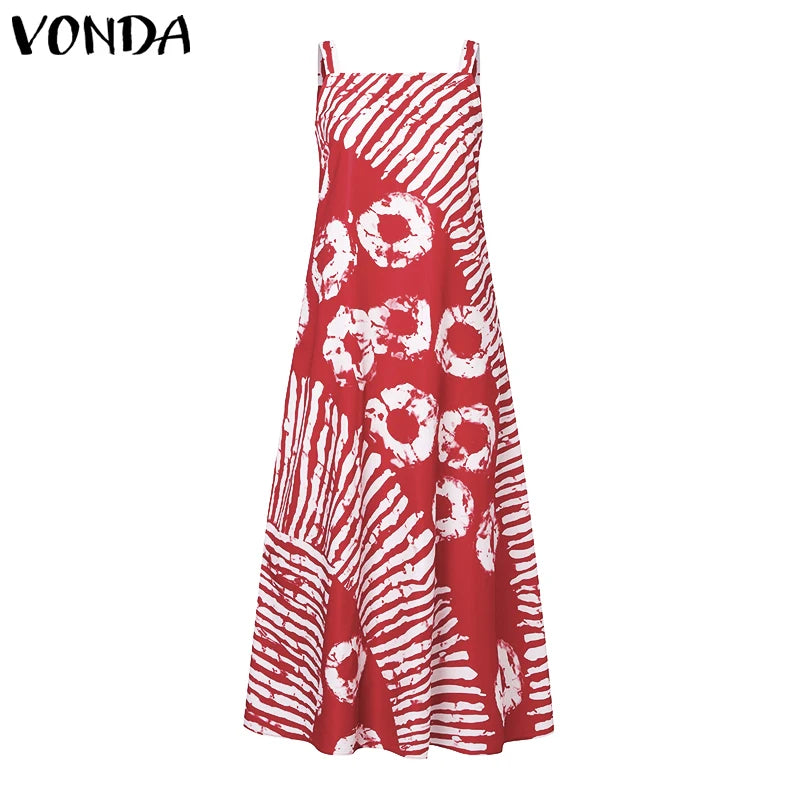 VONDA Plus Size 5XL Summer Bohemian Printed Maxi Dresses Sleeveless Party Beach Sundress Tank Long Vestido Casual Holiday Robe
