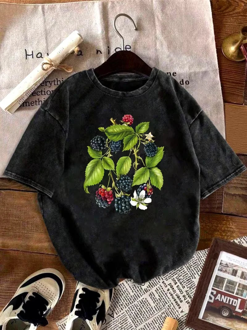 Vintage Washed T-shirt with Fern Leaf & Botanical Print - Soft Relaxed Fit Short Sleeve Round Neck Casual Top,Fern Leaf Shirt