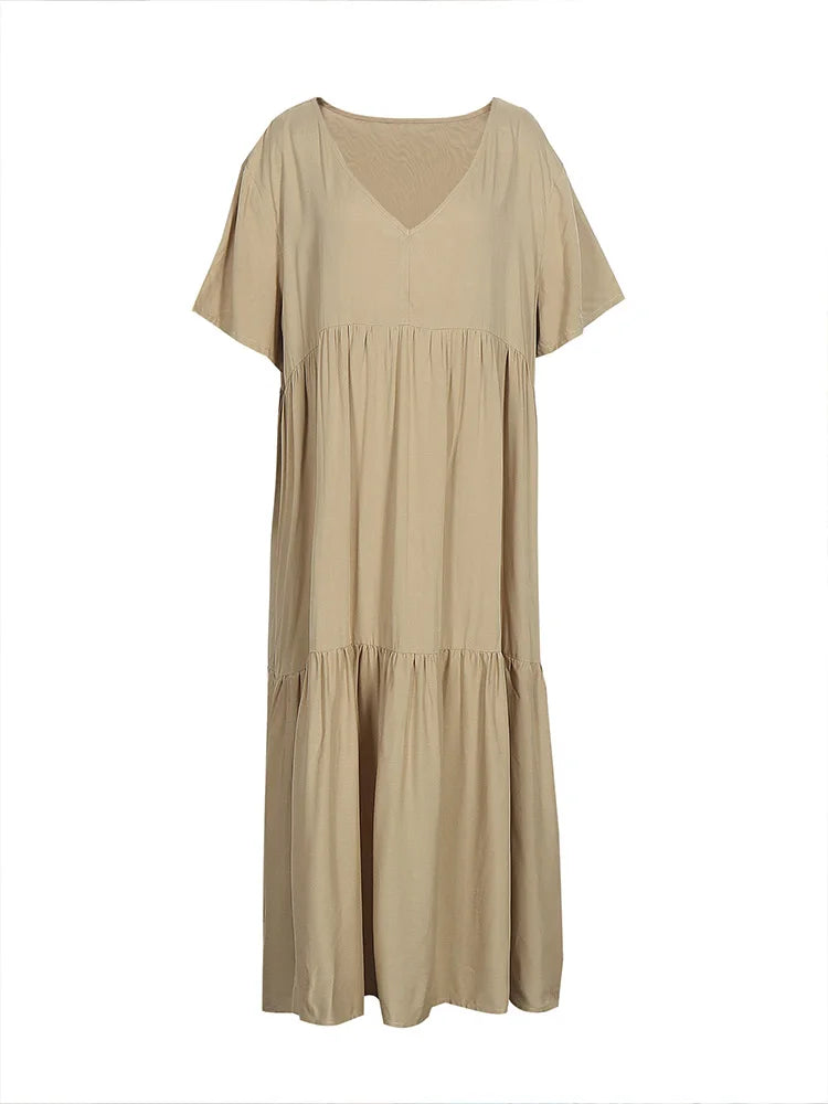 Plus Size 2025 Summer New V-neck Short Sleeve Pleated Solid Color Loose Casual Midi Dress Basic Hem Pleated