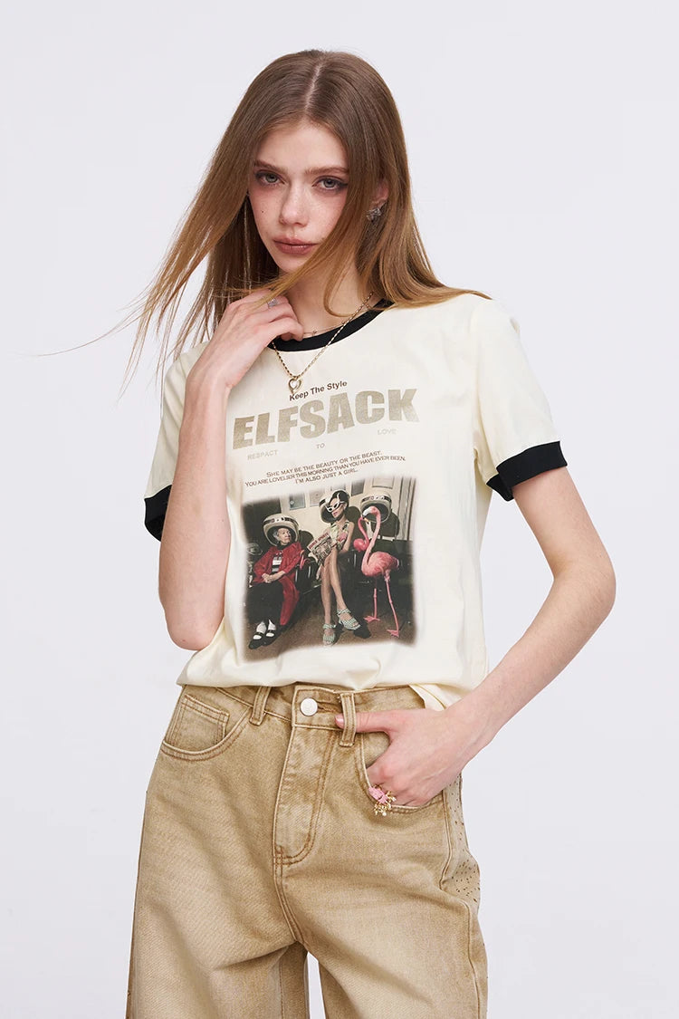 ELFSACK Women's Vintage Ringer T-Shirt with Photo Graphic Print, Retro Contrast Tee for Summer, Chic Aesthetic Short Sleeve Top