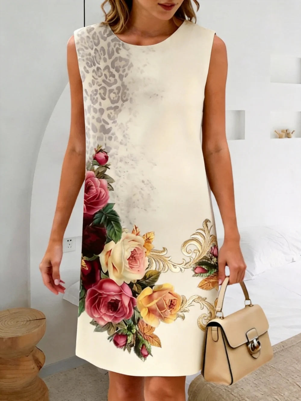 Summer New Women's Casual Fresh Simple Flower Leaves Graphics Sleeveless Dress Knee-Length Dresses Holiday Loose Woman Clothing