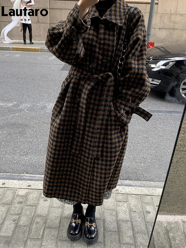 Plaid Woolen Coat – Long Double Breasted Loose Fit