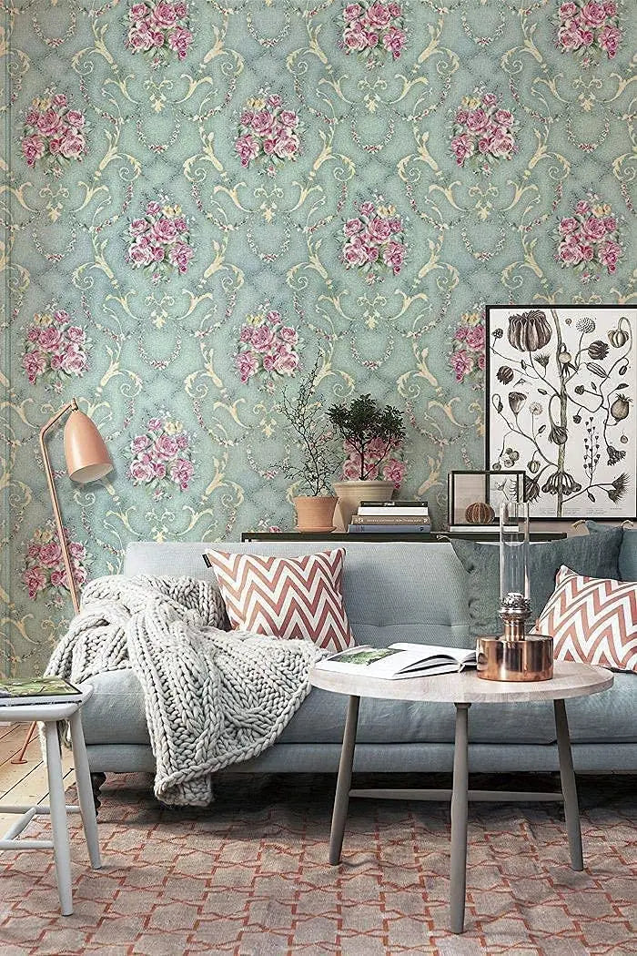 GREEN FLORAL PEEL & STICK WALLPAPER - Retro Bloom, 3 Roll Sizes - Soft Walls