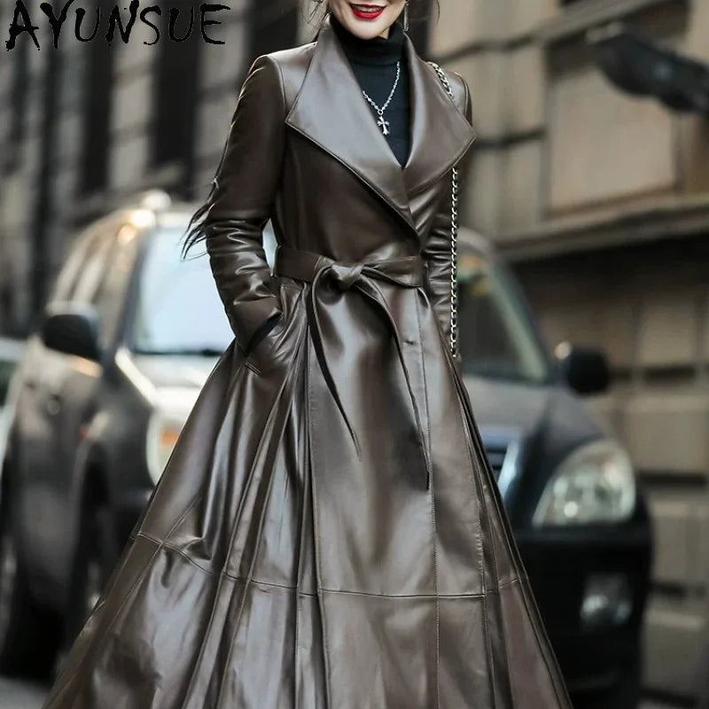 Women's Belted Leather Coat - Two Versions - City Poise