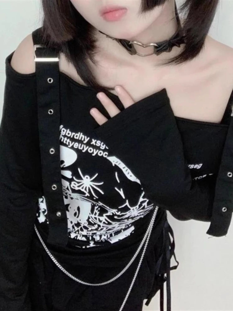Subculture Punk Skull Print Slash Neck T-shirt Women Vintage Off Shoulder Design Long Sleeve Loose Tops Harajuku Gothic Chic Tee