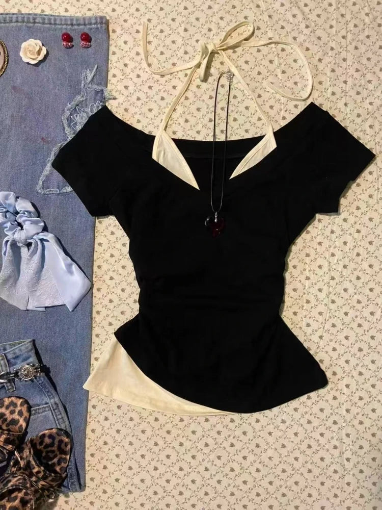 Aesthetic Vintage Slim Lapel White T-Shirts Women Summer Casual Short Sleeve Embroidery Letter Print Tops Skinny Thin Clothing