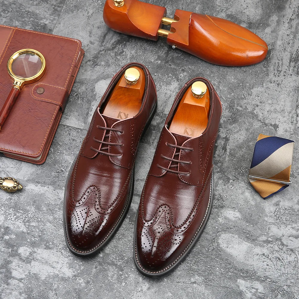 Men's Wingtip Oxford Shoes - Pointed Toe Lace-Up Business Dress Large Sizes