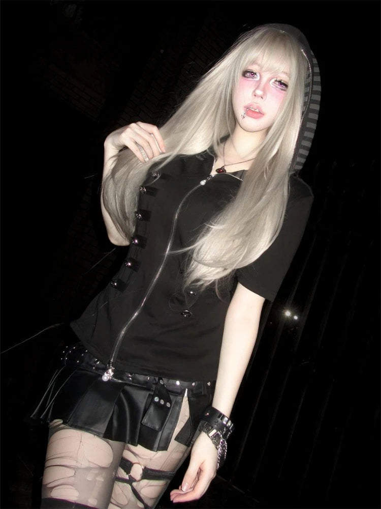 Subculture Summer Gothic Slim Stripe Short Sleeve Hooded T-Shirts Women's Spicy Girls Y2k Casual Black Vintage Zipper T-Shirts