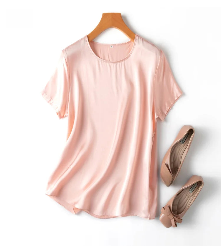 100% Mulberry Silk 19 Momme Charmeuse Silk Women Tank Top T-shirt Short Sleeve Shirt Blouse Solid Colors Summer M L XL AA4270