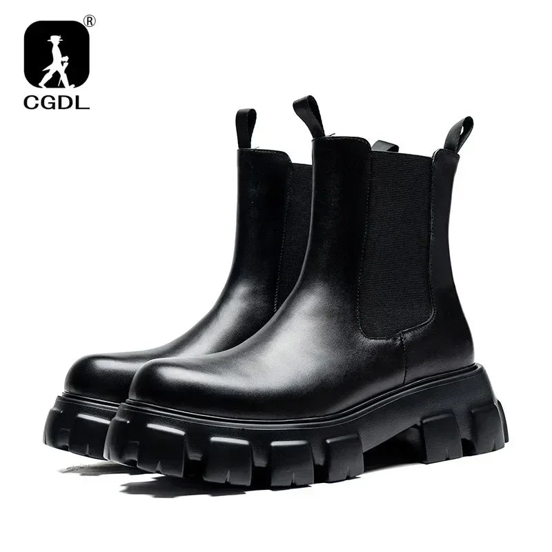 Men's Genuine Leather Platform Ankle Boots - Pointed Toe Zip Winter Boots British Style