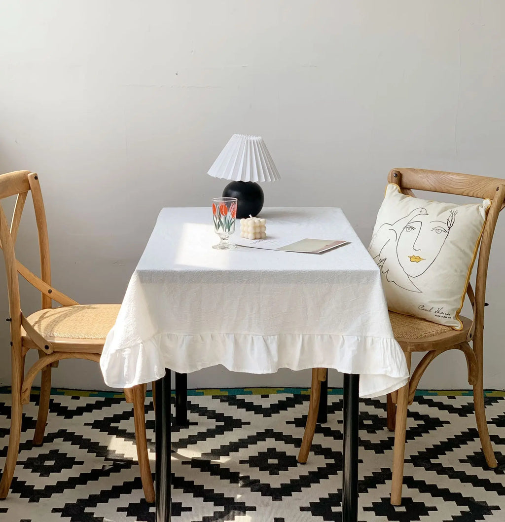 VINTAGE RUFFLED TABLECLOTH - White Cotton, Ruffled Edge - Soft Table Styling