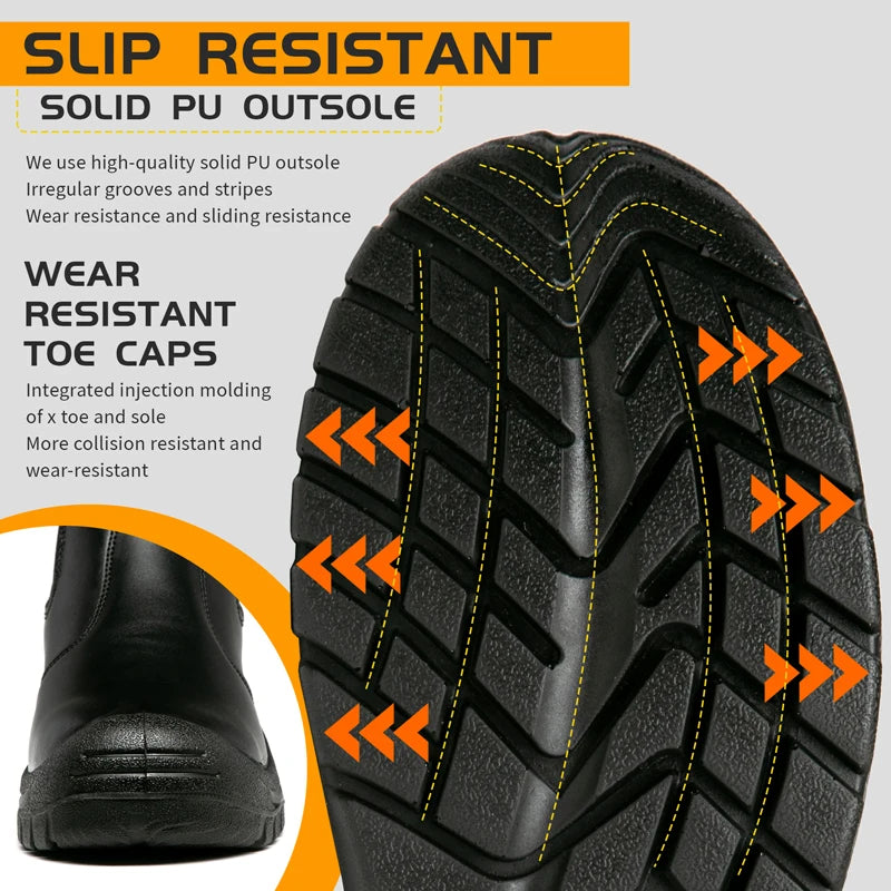 STEEL TOE WORK BOOTS - Men's Waterproof Slip-On Safety Boots - Puncture-Proof, Non-Slip