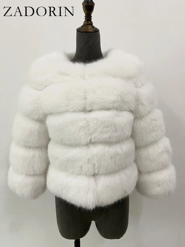 Women's Faux-Fur Jacket - Three-Quarter Sleeves - Plush Poise