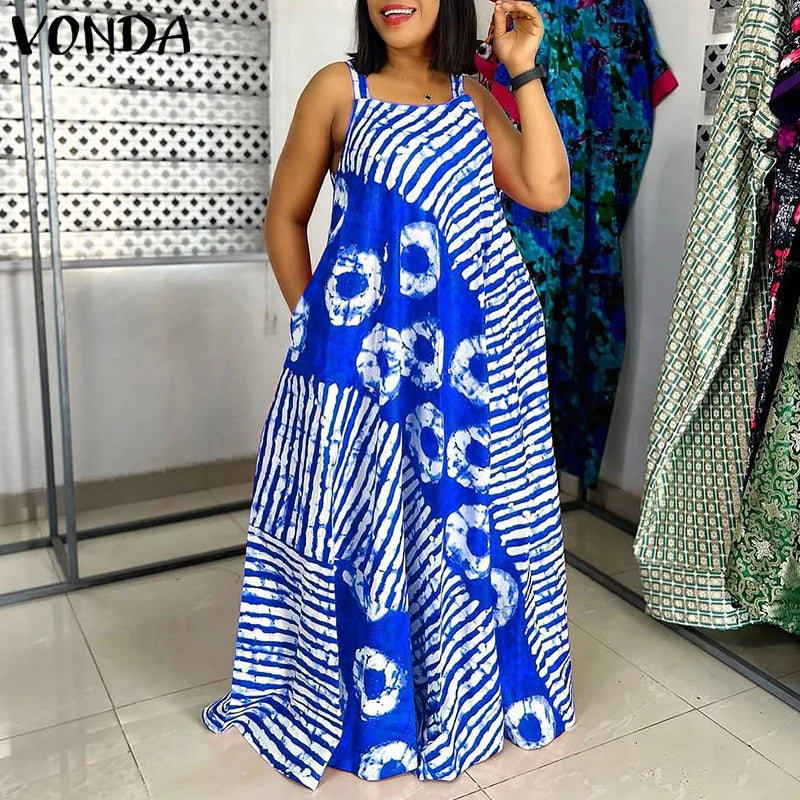 VONDA Plus Size 5XL Summer Bohemian Printed Maxi Dresses Sleeveless Party Beach Sundress Tank Long Vestido Casual Holiday Robe