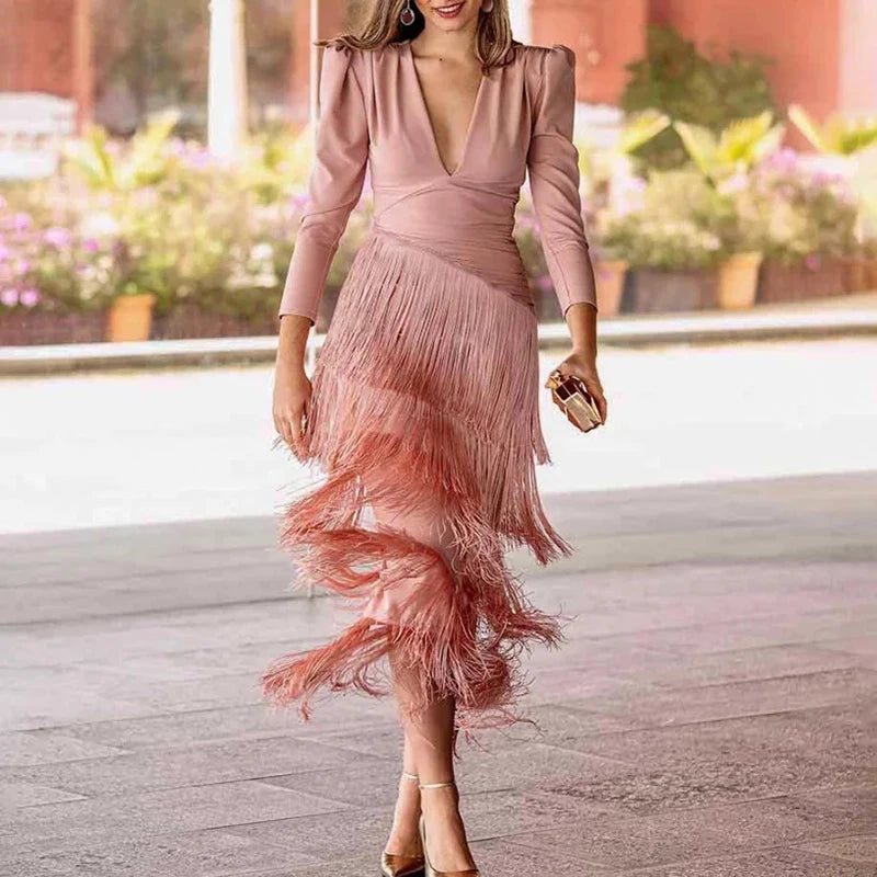 Long Sleeve Spliced Tassel Party Dresses Woman Elegant Deep V Neck Sheath Long Dress Fashion Solid Pleated Bohemian Dress