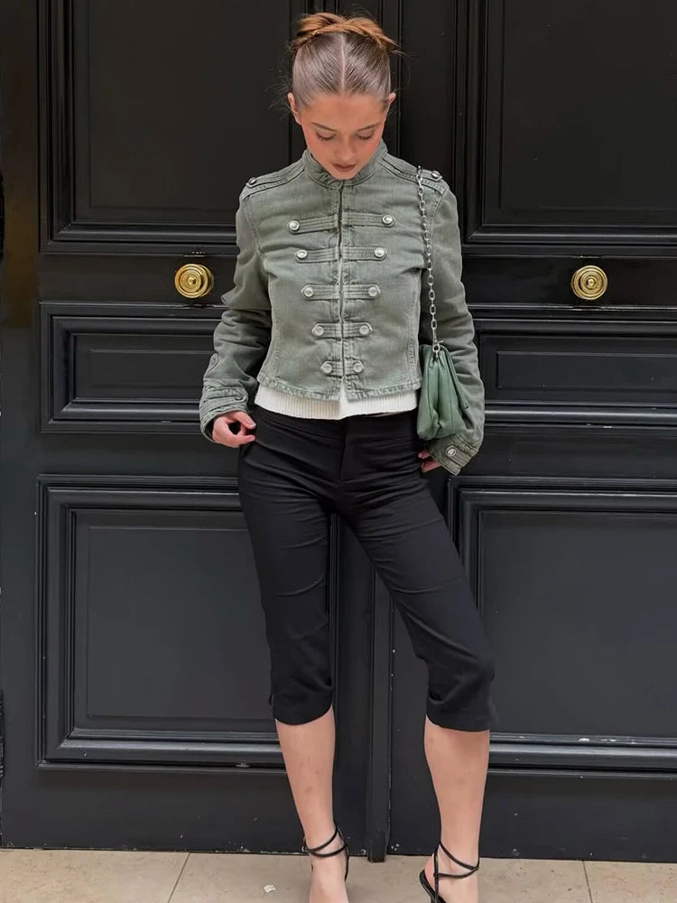 Crop Denim Jacket - Stand Collar Button Slim Fit