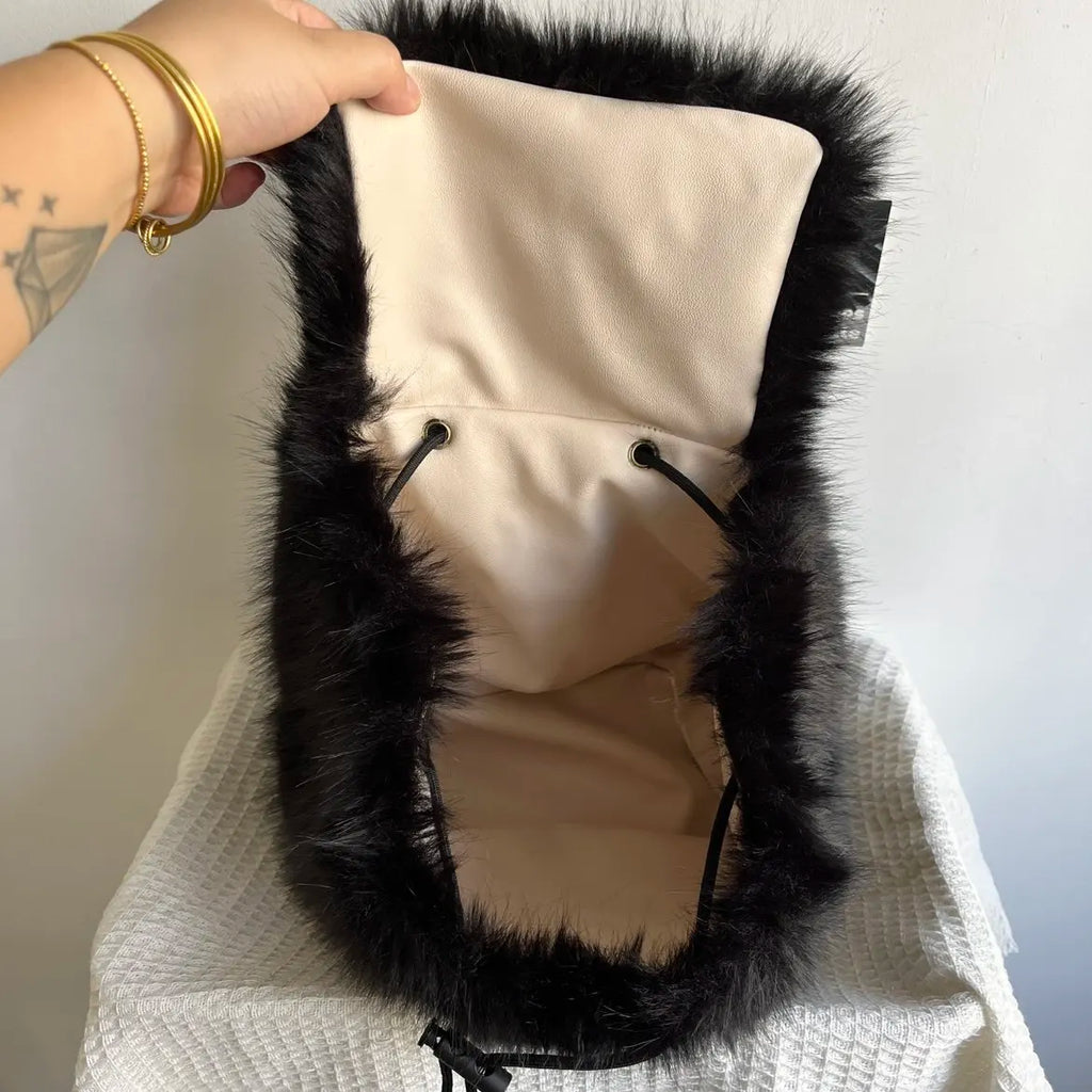 Black Plush Backpack Y2K Gothic Cross Fluffy Fur Backpack