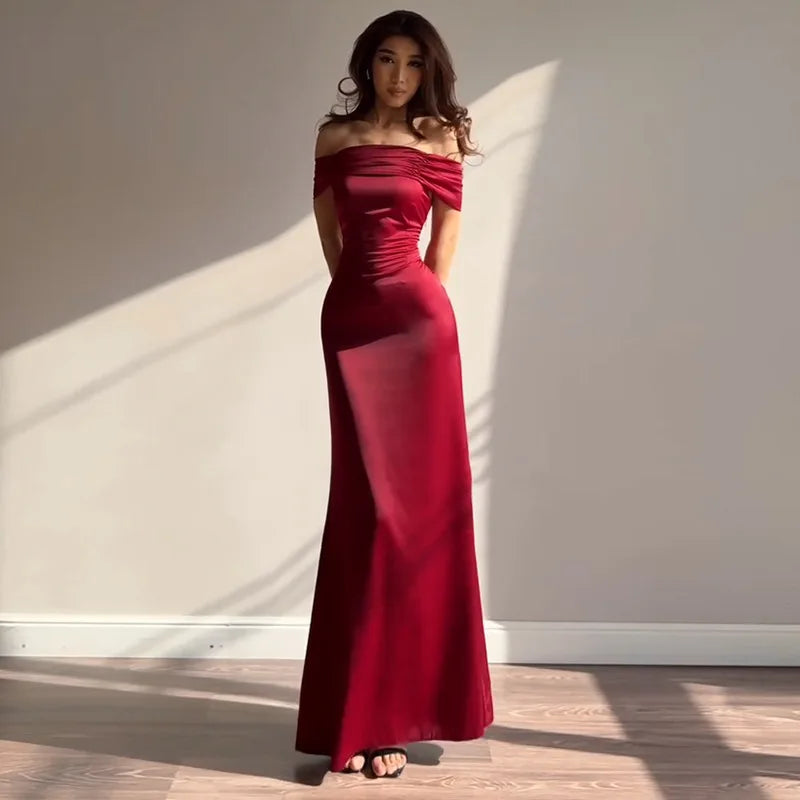 Retro Off-the-shoulder Panel Design Back Bandage Yellow Satin A-line Skirt Luxury Slim Folds Long Dress Party Prom Vestidos Robe