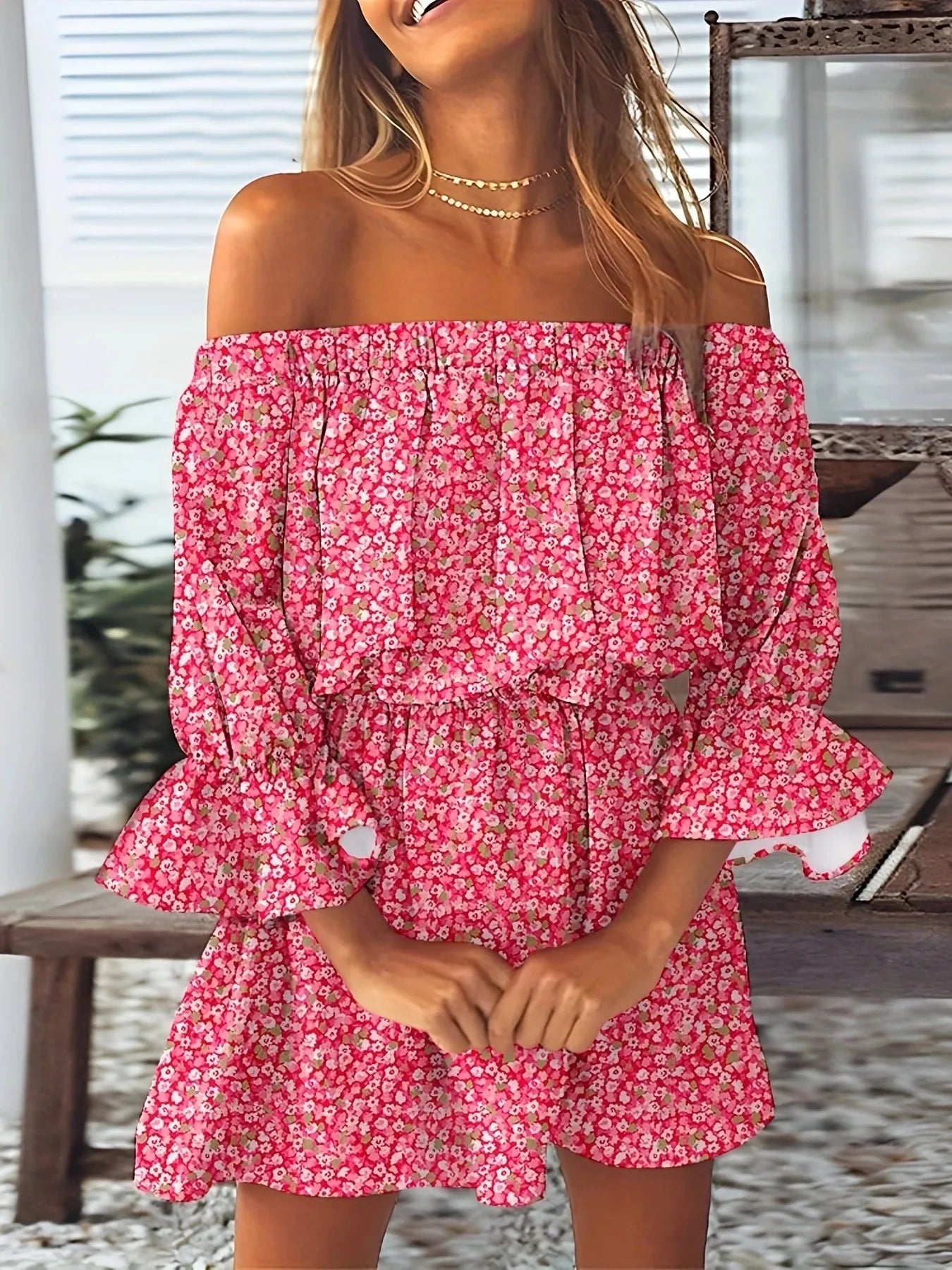 Women's Off Shoulder Ruffle Hem Mini Dress with Puff Sleeves and Floral/Feather/Tropical Print for Summer Beach or Party Wear
