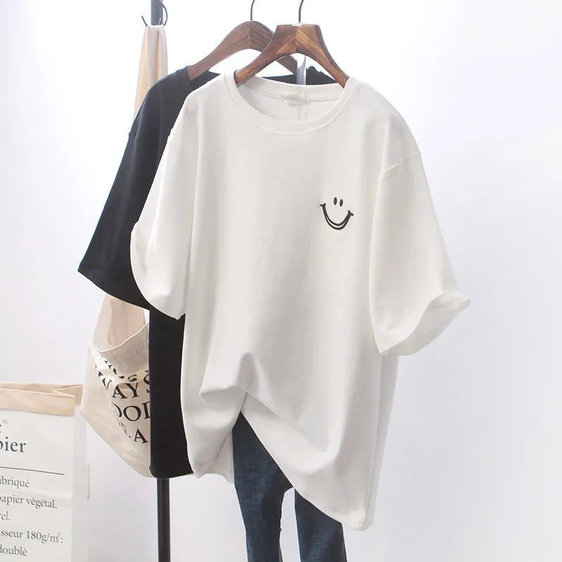 1pcs Girl Summer Smile Print T-shirts Women Classic Basic Fashion Tees Students Short Sleeve Loose Tops Female Round Neck Tshirt