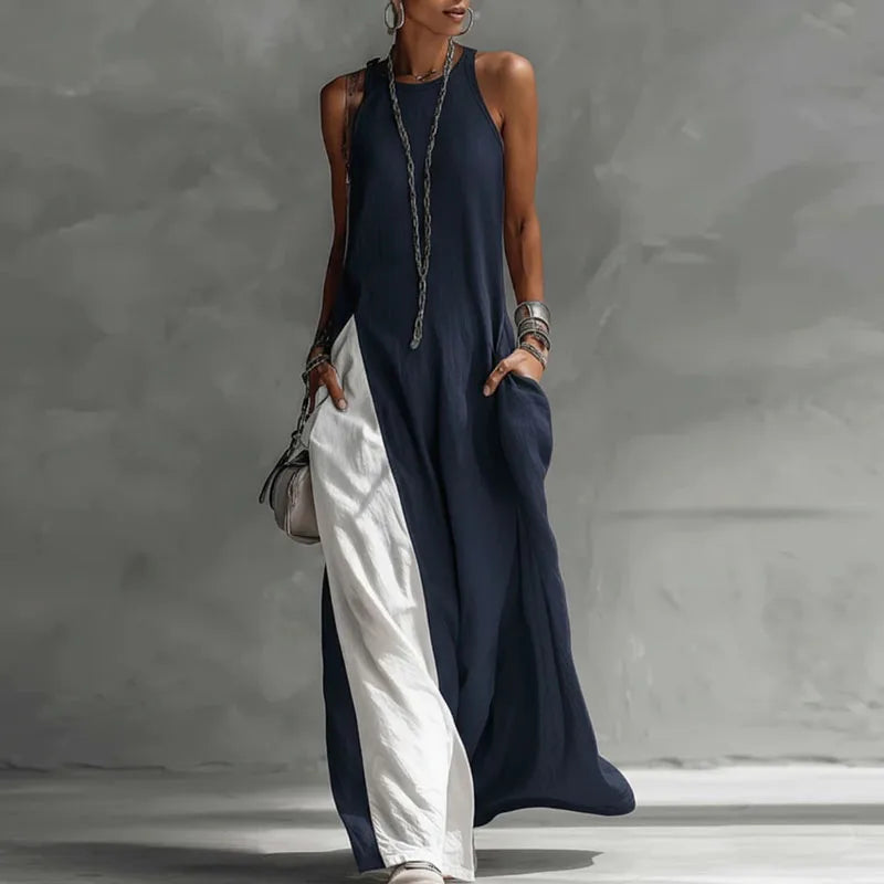 Casual Sleeveless Summer Boho Vacation Maxi Dress for Women - Sexy O-Neck Contrast Color Long Dress with Pockets - Spring A-Line Party Dresses