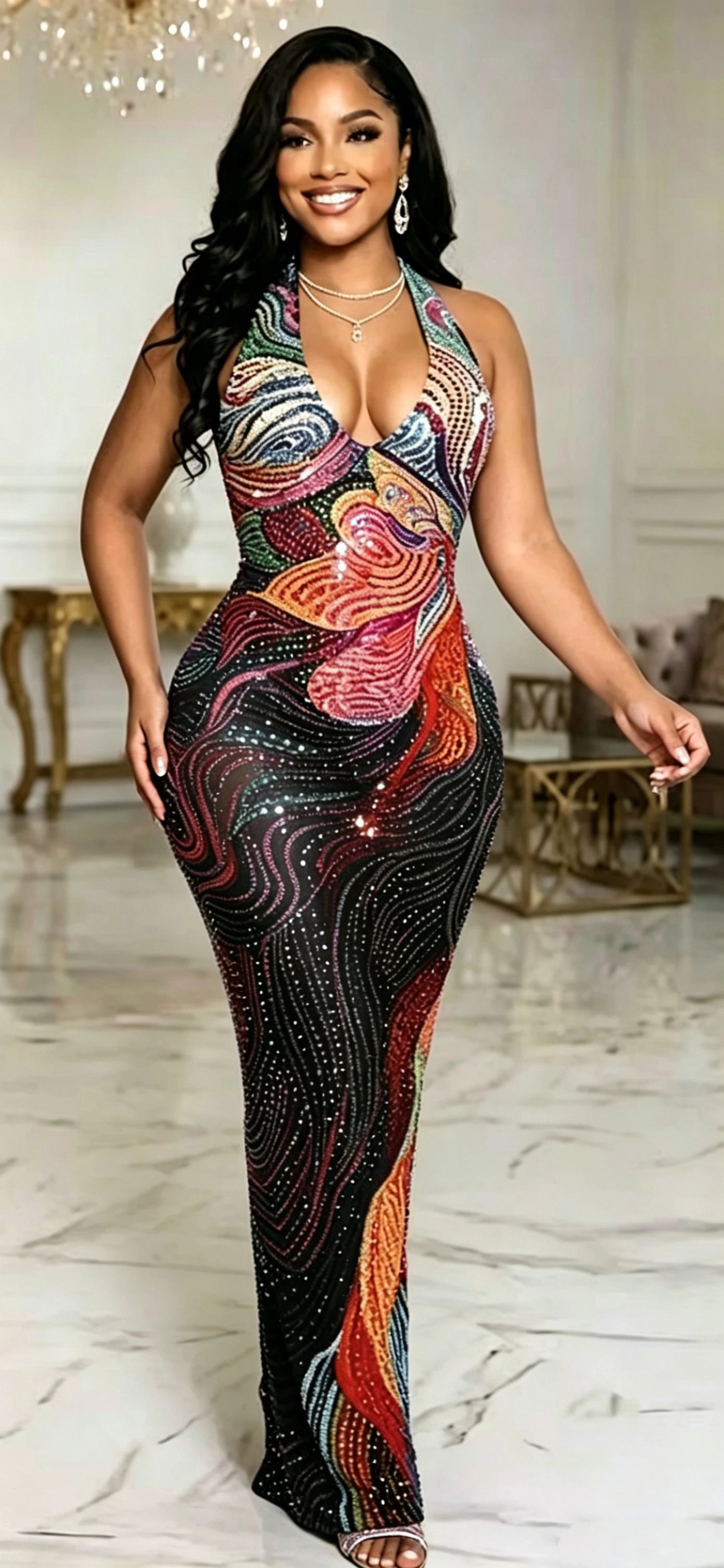 ZD ZD Plus Size Sexy Sheer Mesh Dress with Low Back & Colorful Rhinestones - Glamorous Nightclub & Party Gown for Women