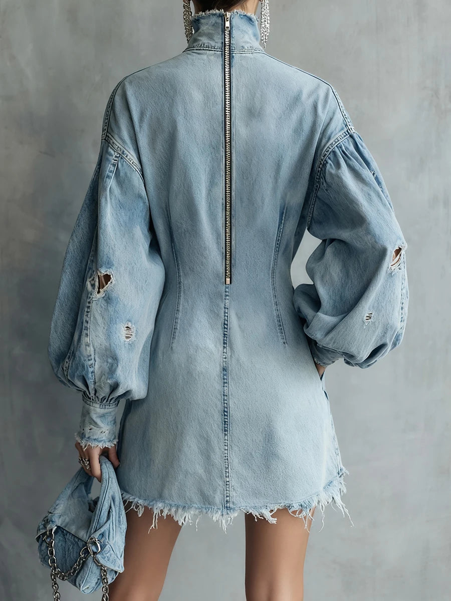 Fashion Retro Denim Mini Dress High Neck Lantern Sleeve Pockets Hole Dress High Street Loose Blue Spring Autumn Party Dress