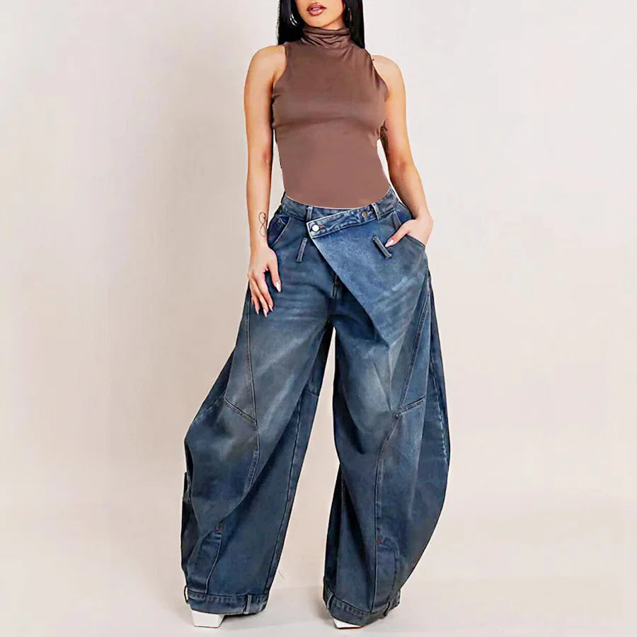 Distressed Wide Leg Mom Jeans – Mid Waist Streetwear
