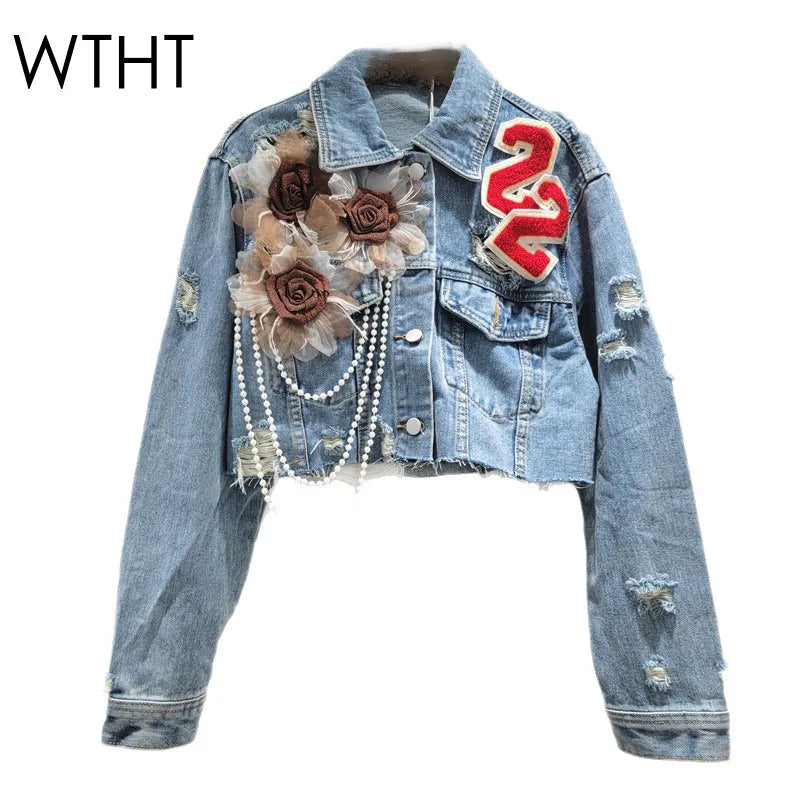 3D Flower Pearl Chain Denim Jacket – Trendy Lapel Long Sleeve