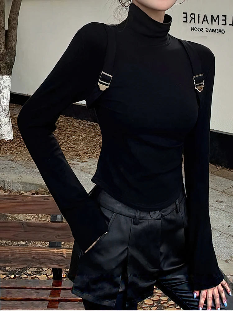 2000S Vintage Fleece Turtleneck Long Sleeve T-shirt Women With Suspender Y2k Basic Tops Autumn Winter Fashion Cropped Tees Shirt