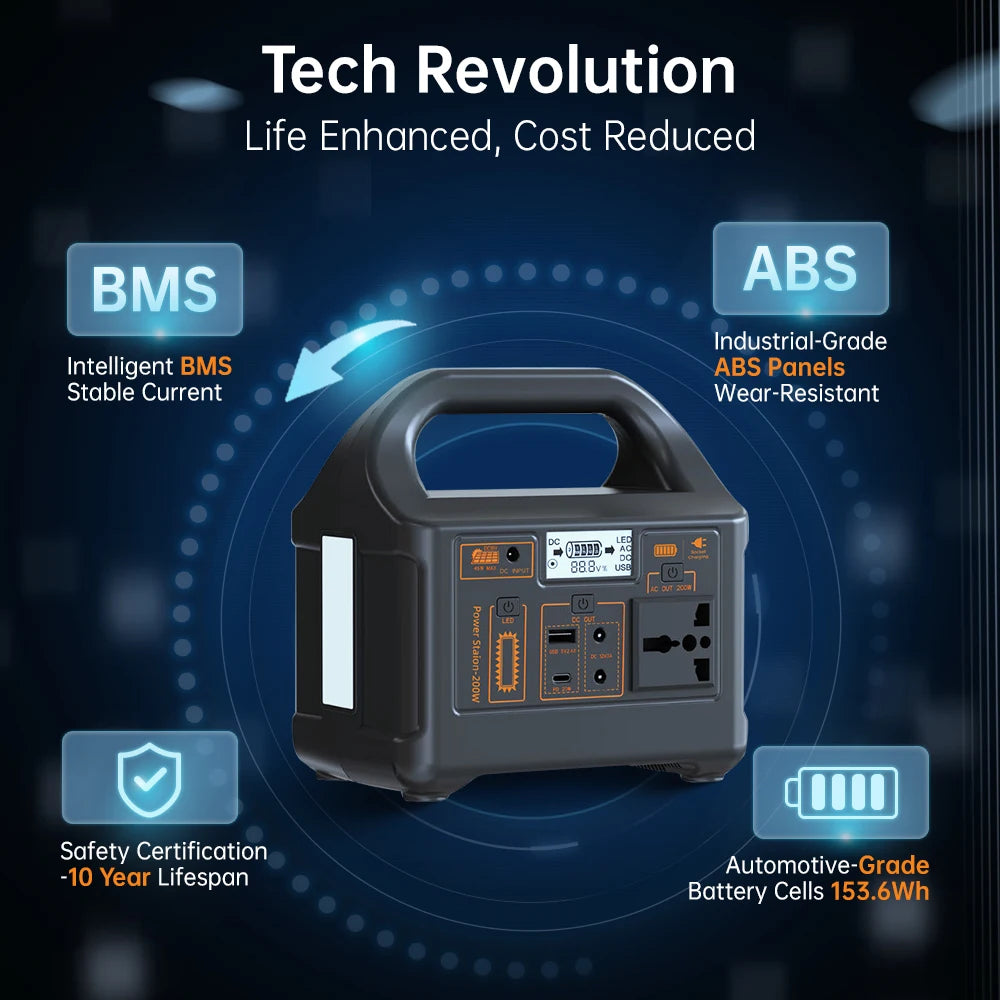 PORTABLE POWER STATION - 200W, 153.6Wh LiFePO4 - Ready Anywhere