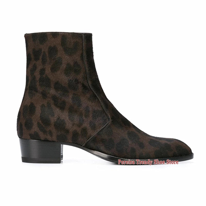 LEOPARD CHELSEA BOOTS - Men's Handmade Genuine Leather Side Zipper Mid Heel - Trendy & Bold