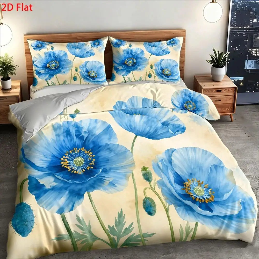 BLUE POPPY - Nordic Floral Duvet Cover Set - Modern, Breathable & Skin-Friendly