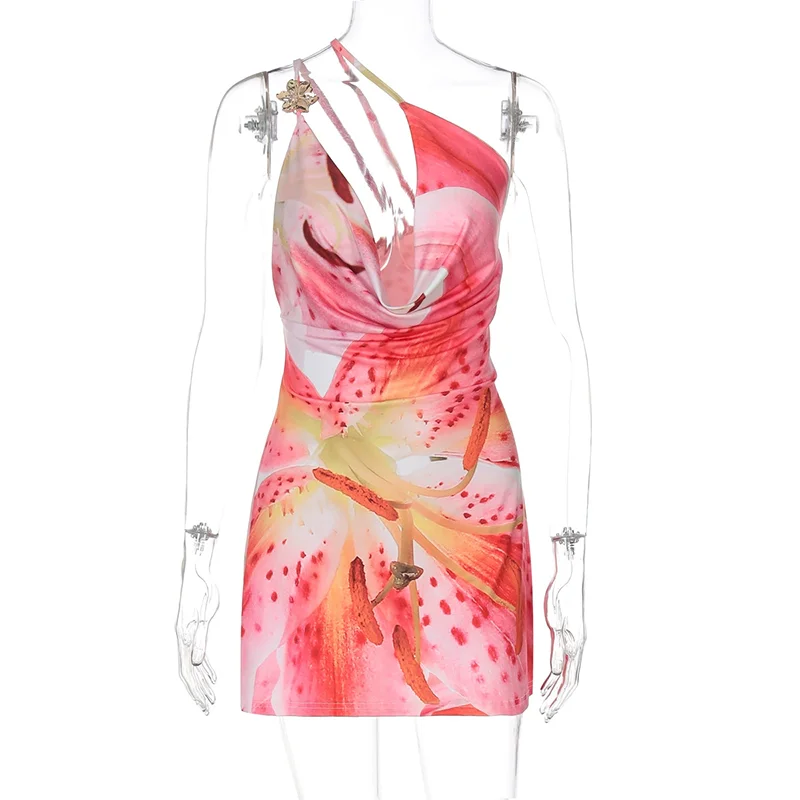 TARUXY One-shoulder Sexy Printed Dress Draped Swinging Collar Beach Vacation Mini Dress Elegant Sleeveless Female High Waist