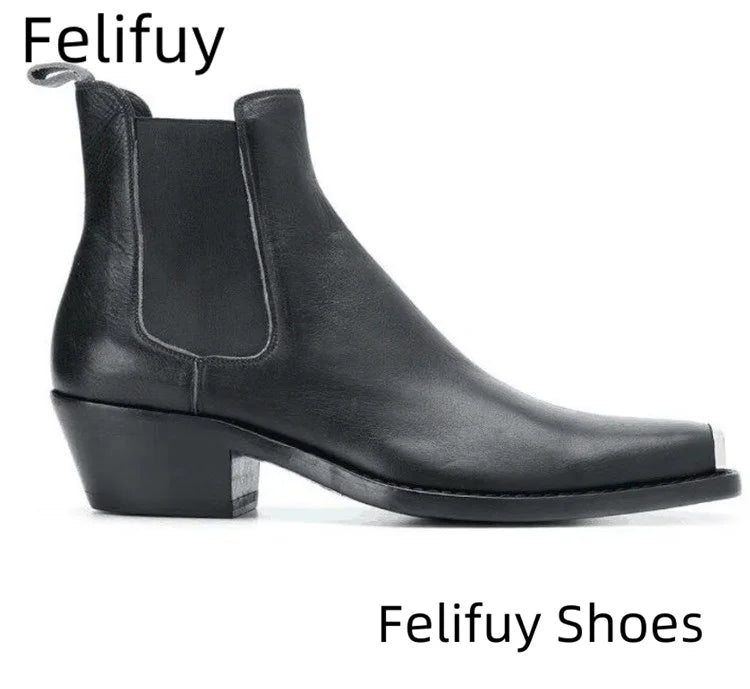 Men's Genuine Leather Chelsea Boots - Metal Square Toe Slip-On Motorcycle Ankle Boots
