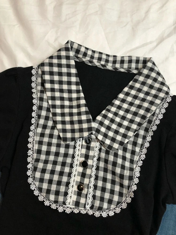 Y2k Vintage Short Sleeve T-Shirt Plaid Print Polo Top Women Casual American Retro Slim Fit Button Patchwork Spring Summer
