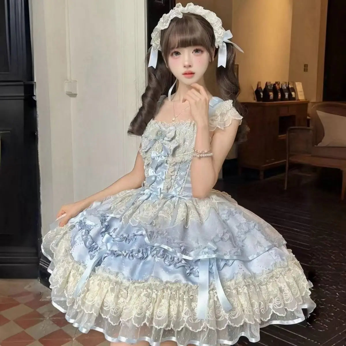 2026 New Sweet Lolita Dress Women Ruffled Lace Halter Neck Cute Dress Bow Princess Party Dress Kawaii Gothic Cosplay Costume