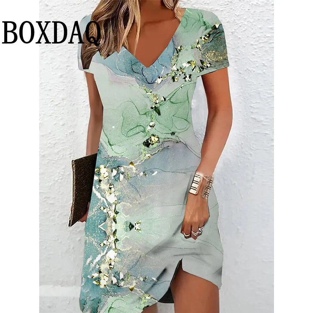 Elegant Women's Midi Dresses 2025 New Summer Fashion V-Neck 3D Printed Dress Casual Tie Dye Gradient Loose A-Line Dress Vestidos