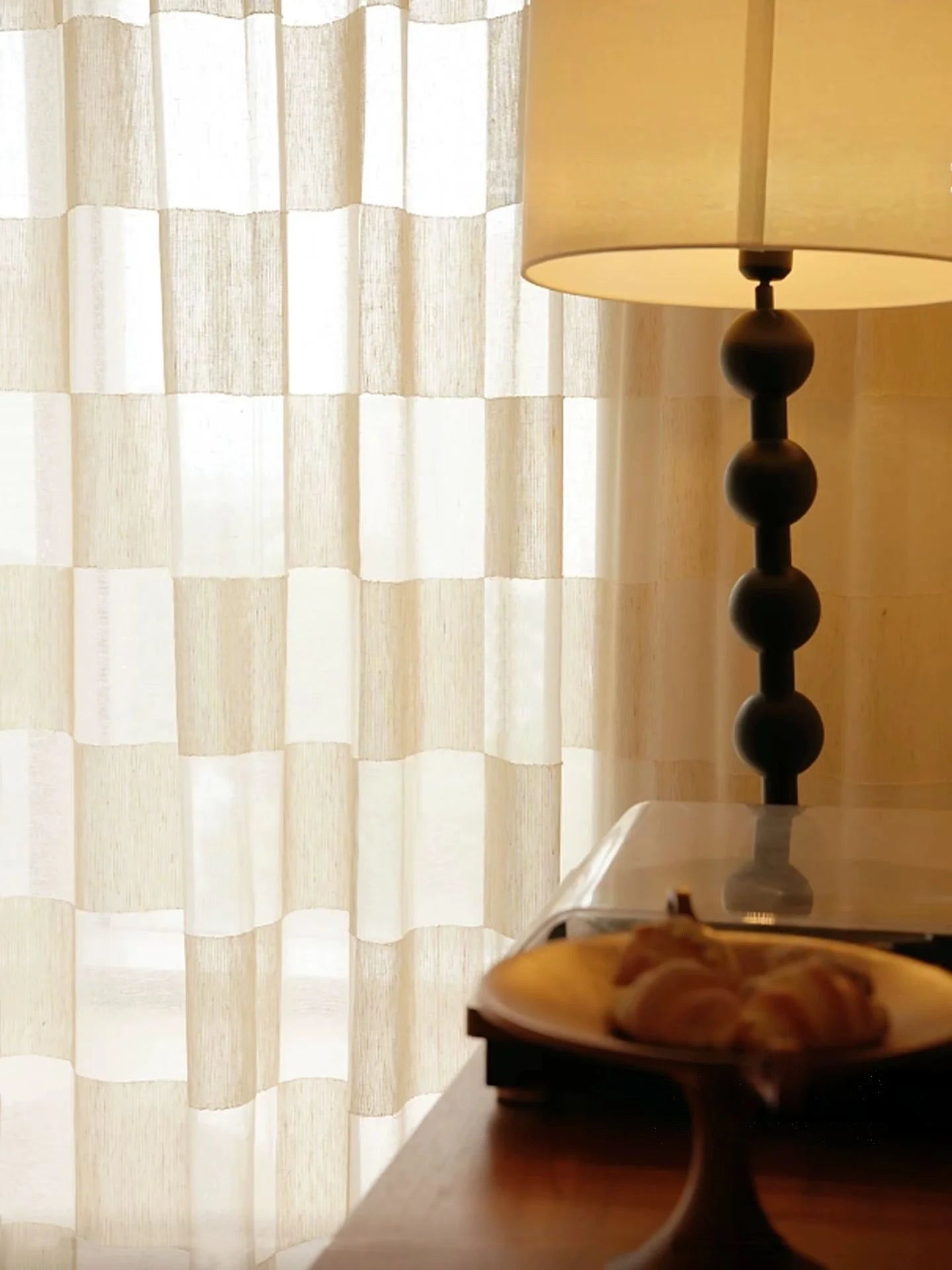 GRID VOILE SHEER CURTAIN - Ecru Plaid Weave, 5 Hanging Styles - Soft Rooms