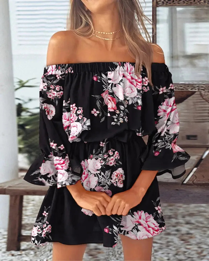 Women's Off Shoulder Ruffle Hem Mini Dress with Puff Sleeves and Floral/Feather/Tropical Print for Summer Beach or Party Wear