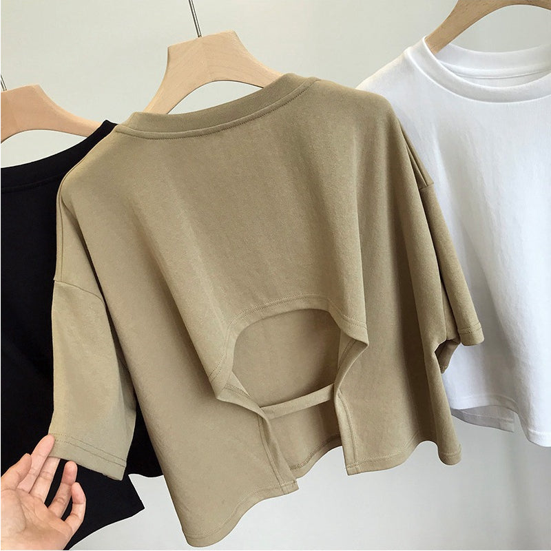 Summer Vintage Women's Short Sleeve Tee Korean Casual Backless Oversize T-Shirt Round Neck Short-Sleeved Crop Tops Y2k Brown Top