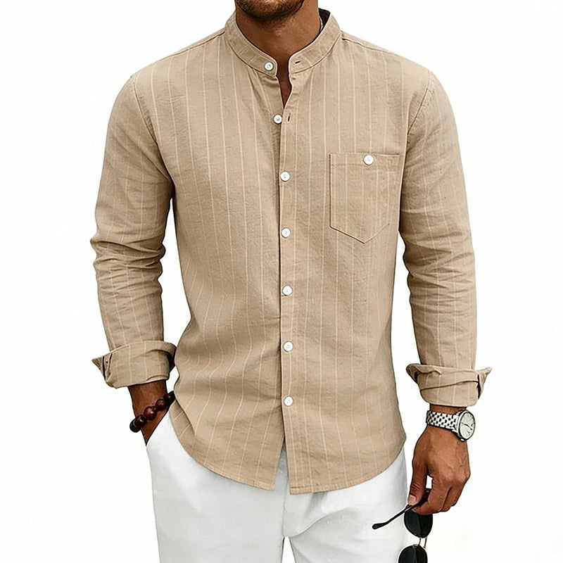 STRIPED LINEN JACQUARD SHIRT - Stand Collar, Loose Fit, Long Sleeve - Easy Days