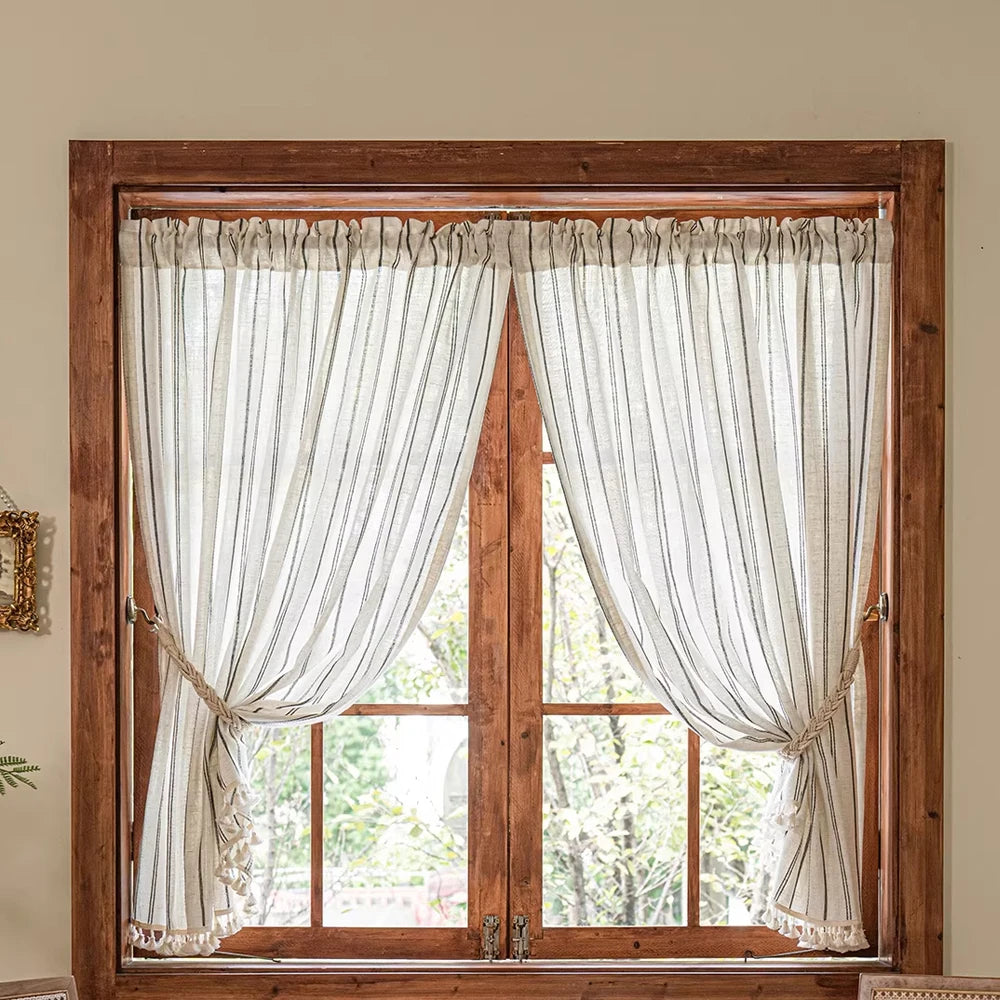 Japanese Style Linen Cotton Curtain, Tassel Fringe Pattern, Coffee Lace Curtains, Farmhouse Balcony Half Curtain, Korean Partiti