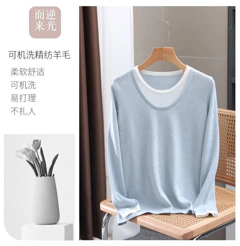 Casual Spring Autumn Women T-Shirts Merino Worsted Wool Female Knitted Pullover Long Sleeve Soft Clothing Tops Thin Outerwear