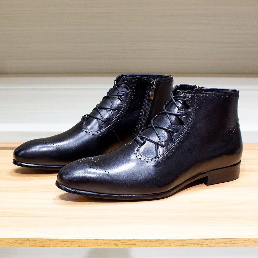 Genuine Leather Ankle Boots - Lace Up Zip British Style Dress Oxford Pointed Toe