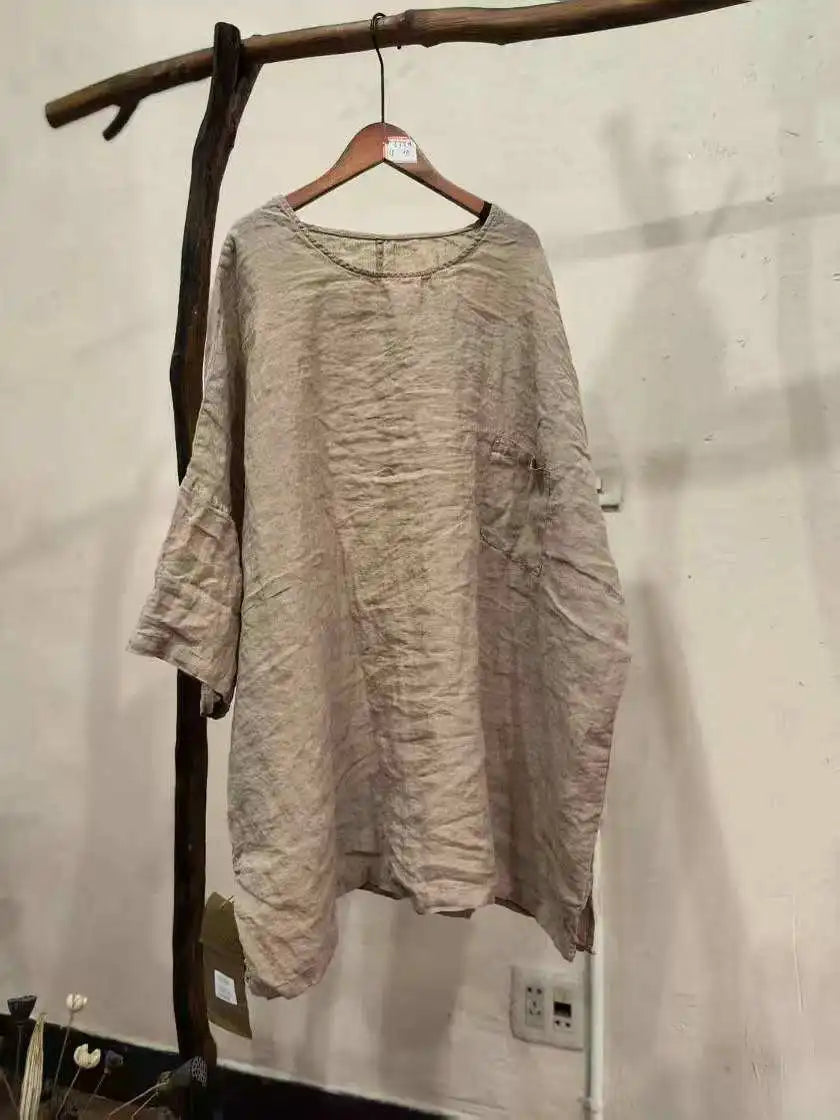 Spring Summer Arts Style Women O-neck Batwing Sleeve Casual Tops Tees Good Quality Cotton Linen Vintage Loose Long T-shirt T2513
