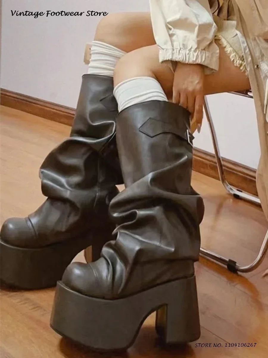 Patchwork Pleated Suede Knee-High Platform Boots
