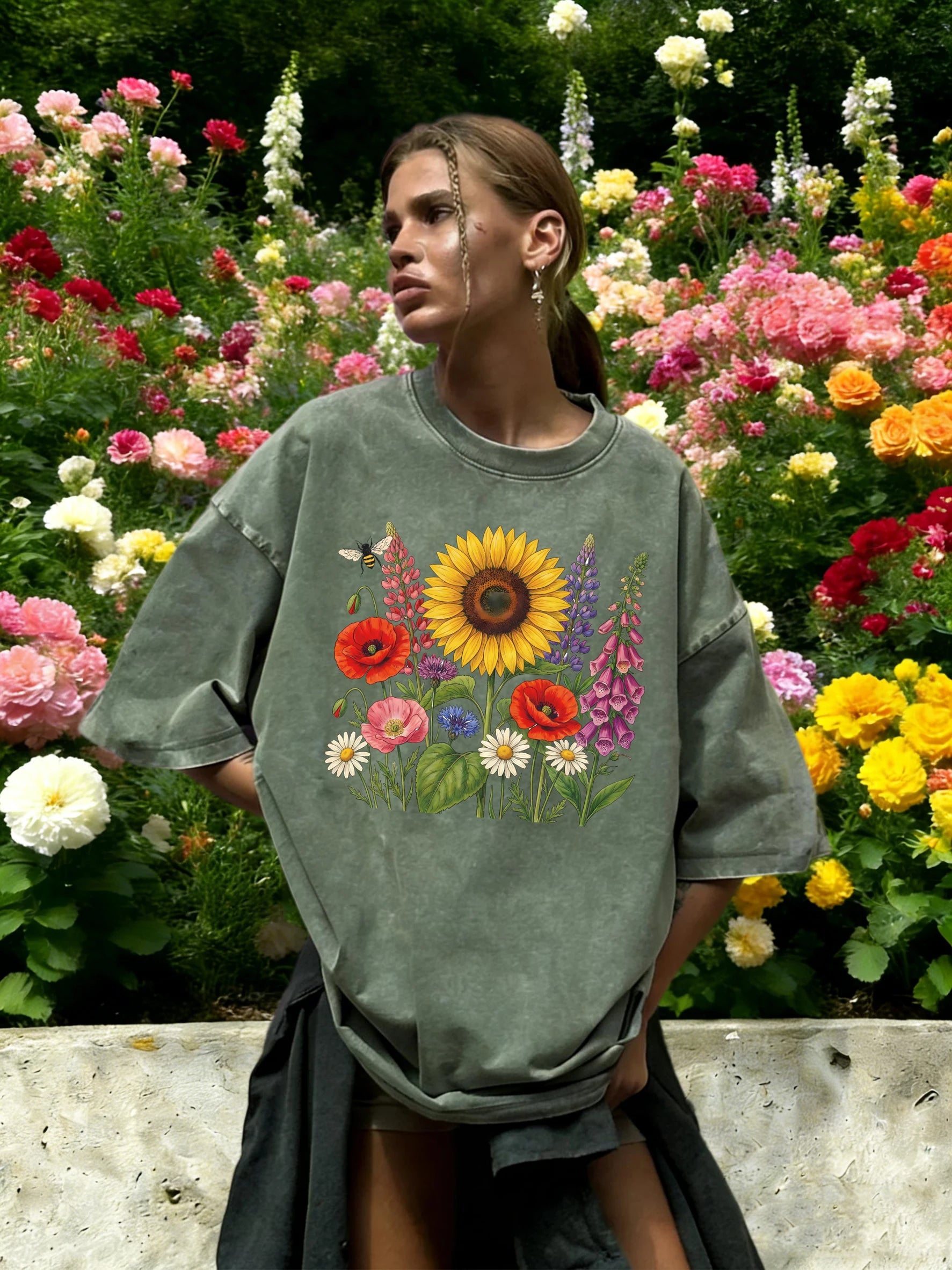 Colorful Sunflowers Beautiful Flowers Printed Washed T-Shirt Women O-Neck Cotton T Shirt Loose Clothes Vintage Summer Sportswear