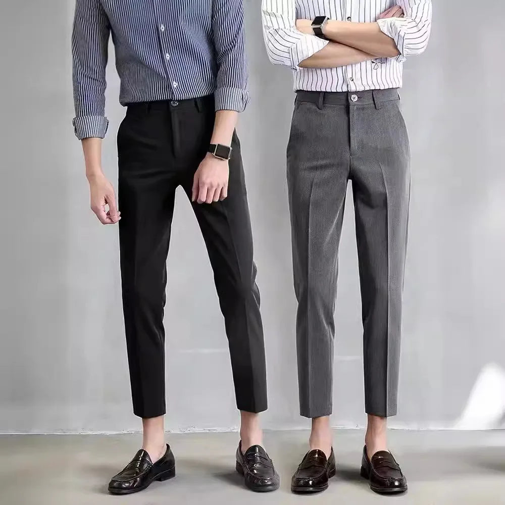 SHARP CUT - Men's Elastic Waist Cropped Suit Pants - Business Casual Straight Leg