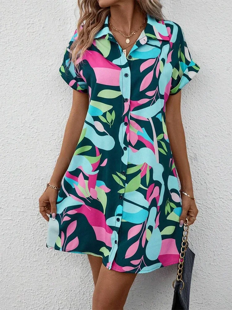 2025 New Summer Everyday Casual Women's Short Sleeve Shirt Dress  Sweet Fashion Single-breasted Dress Floral Print Elegant Dress